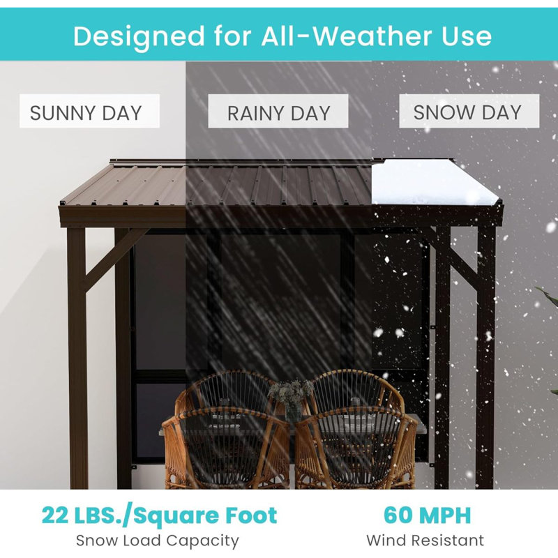 8' X 8' Lean To Gazebo, Wall Mounted Gazebos Pergola With Built In Drainage System, Galvanized Steel Roof, Hardtop Patio Shelter For Deck, Porch, Backyard And More,Brown