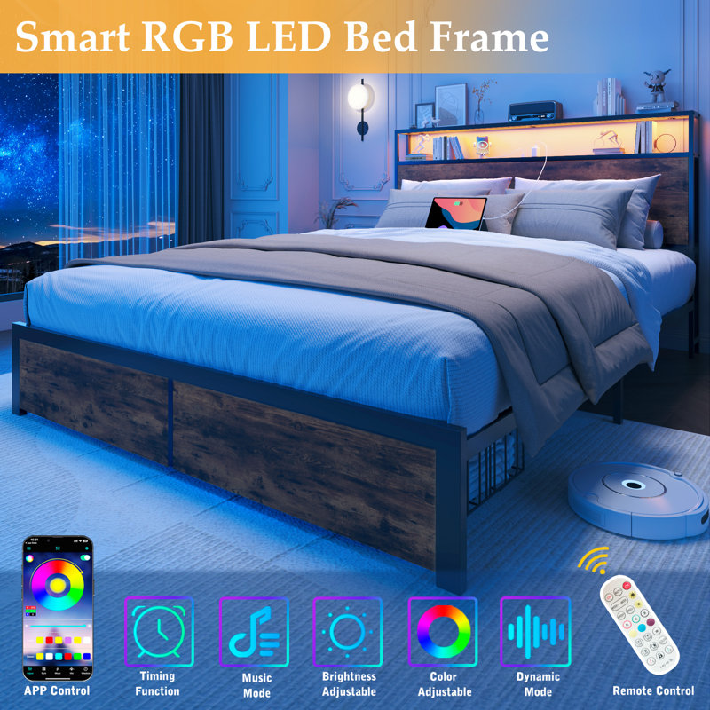 Queen Bed Frame with Storage Drawers , Metal Bed Frame with 2-Tier Storage Headboard & Built-in Charging Station & LED, Noise-Free, No Box Spring Needed, Easy Assembly, Retro Brown