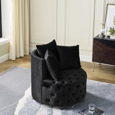 Élégante chaise pivotante en velours de salon, bouton avec chaise mobile au fini noir avec détails et roulettes pour le style