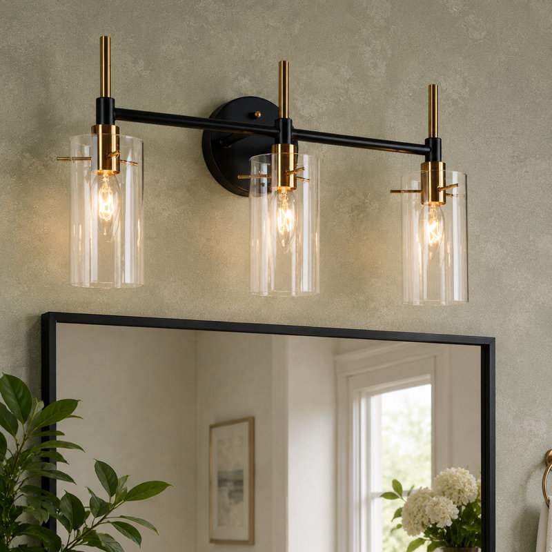Éclairage pour meuble-lavabo moderne en verre transparent à 3 lumières à intensité variable, Noir mat / Or, 3 lumières