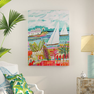 «Deux voiliers et chalet II», peinture sur toile tendue