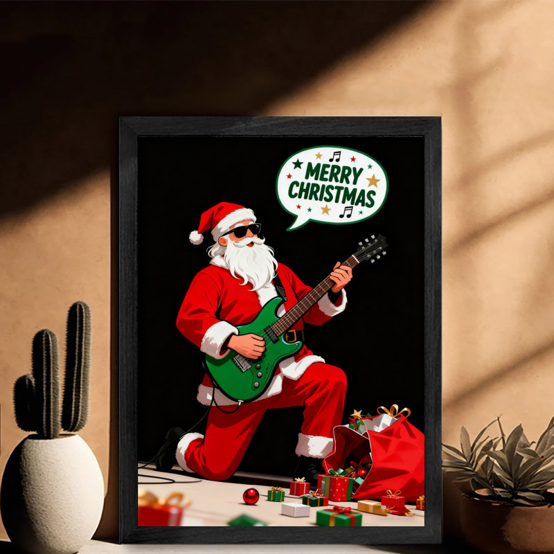 Art encadré noir «Merry Christmas», père Noël jouant de la guitare électrique, impressions encadrées de style rétro