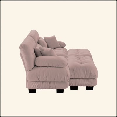 Cloud Couch Sleeper Sofa For Living Room, Chenille 2 Seater Sofa With 2 Lumbar Pillows And 2 Throw Pillows , Upholstered Wide Arm Sofa With 2 Ottomans,Chenille