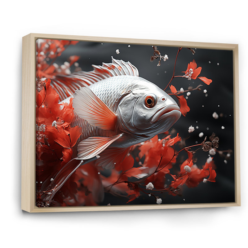 " Red And Gray Kois Fish Swimming With Serenity III ", 16" H x 32" W x 1" D, Natural Floater Framed