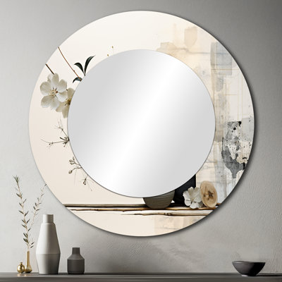 Asian Art Sumie Zen II - Asian Art Mirror, White Round Unique Wall Mirror, Printed Metal Art
