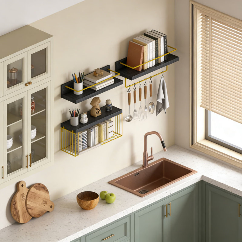 Ensemble de tablettes murales flottantes avec panier de rangement et porte-serviettes, tablettes multifonctionnelles pour la salle de bain, la cuisine, le salon, la chambre à coucher et la salle de classe