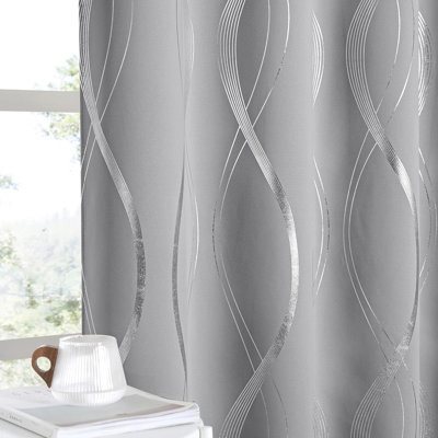 Gray Blackout Curtains 72 inch Long for Bedroom - Microfiber Noise Reducing Thermal Insulated Wave Line Foil Print Design Drapes for Patio Sliding Glass Door (2 Panels, 52 x 72 Inch)