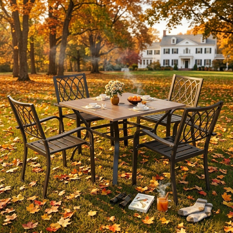 Ensemble de salle à manger d'extérieur 5 pièces avec trou pour parasol, antirouille, conception à lattes ergonomique pour le style moderne de jardin, de terrasse et de piscine