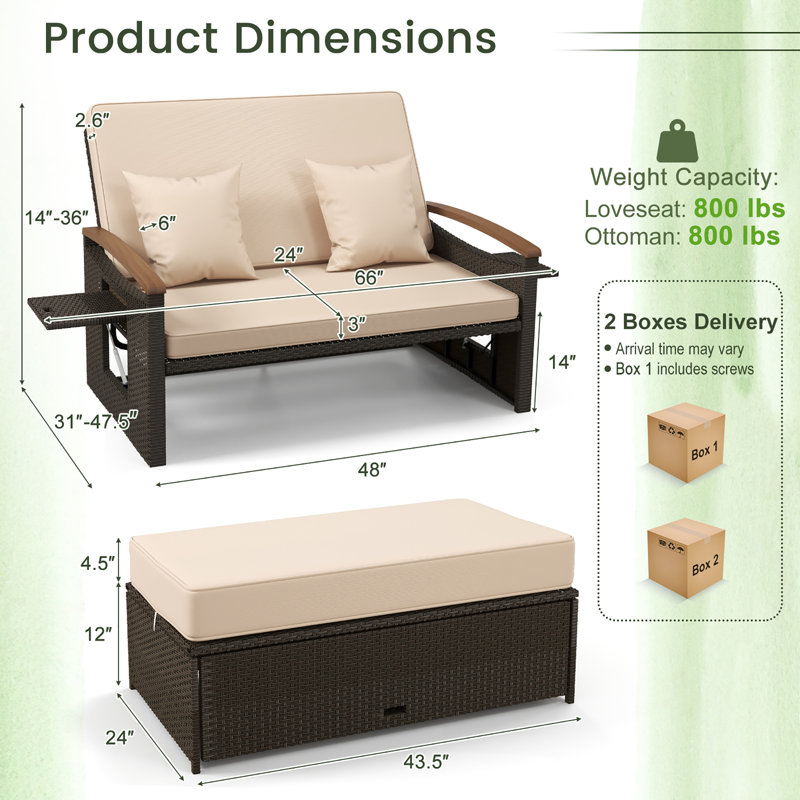 Ensemble de lit de jour en rotin  avec causeuse et repose-pieds avec rangement, Beige