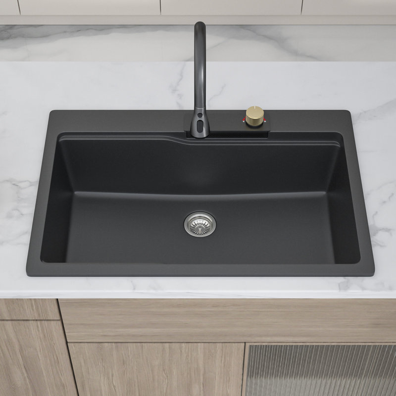 Quartz 33 x 22 Inch Drop-in Granite Composite Kitchen Sink Workstation Sink Single Bowl Sink, Black