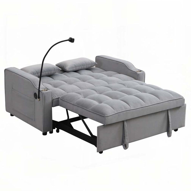 Canapé-lit en velours avec futon et causeuse, Gris clair