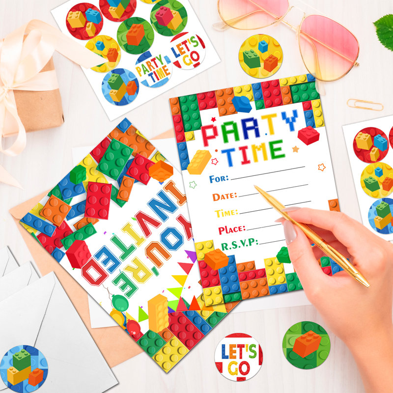 Blocs de construction invitations de fête d'anniversaire, carte d'invitation fête de brique