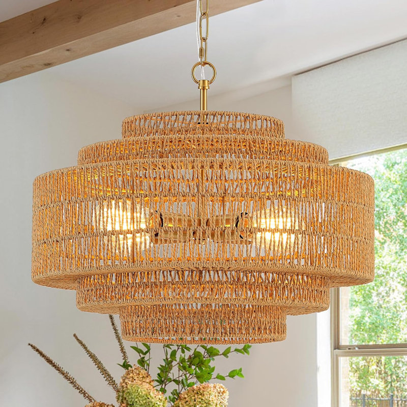19.7" Rattan Chandelier 4-Light Vintage Farmhouse Wicker Chandelier Hand-Woven Boho Bamboo Gold Ceiling Light Fixture For Dining Room Kitchen Island Bedroom Foyer