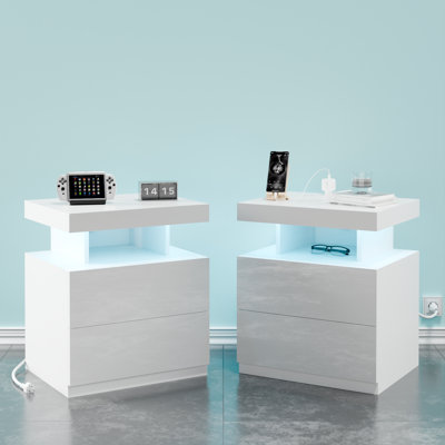 Modern Nightstand With Wireless Charging Station And LED Light ( Set Of 2 )