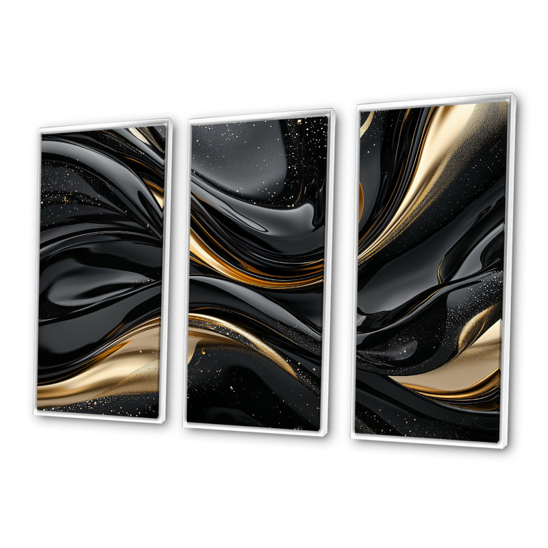Ensemble de salon captivant or et noir I - Abstrait moderne à vagues murales, Toile encadrée flottée blanche
