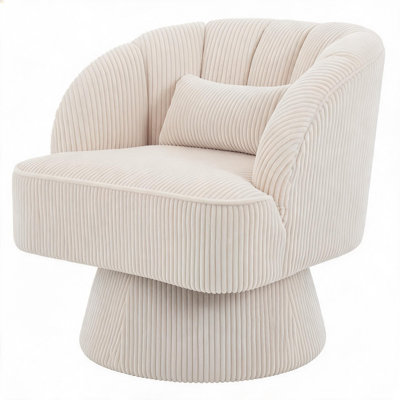 Fauteuil pivotant ultra-moelleux, fauteuil lounge tonneau à 360° avec rembourrage moelleux et dossier rayé moderne, fauteuil rond en velours côtelé pour salon, coin lecture dans la chambre - Beige - 1 pièce