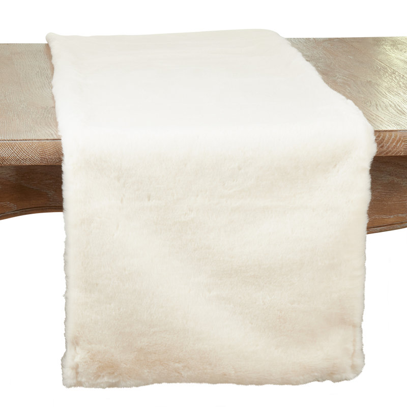 Faux Rabbit Fur Collection Solid Color Table Runner, Ivory