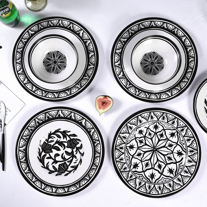 Black and White Melamine Dinnerware Set, Service for 4