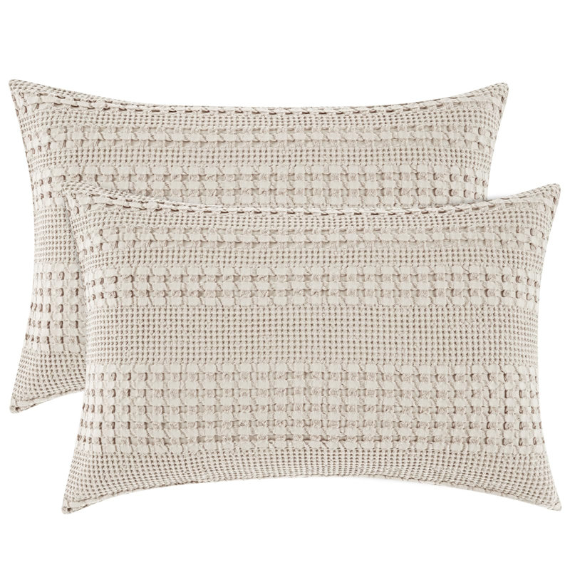 PHF 100% Cotton Ruffle Waffle Pillow Shams, 2 Pack Soft Skin-Friendly Bed Pillow Covers for Aesthetic Home Decor, Oatmeal