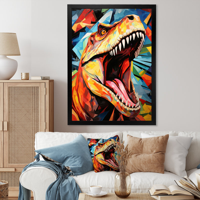Cubiste coloré, TRex Dino II, art sur toile dinosaure, H 40 po x l 30 po x P 1,5 po, Cadre simple noir