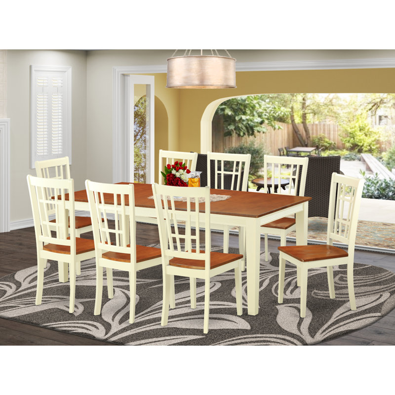 9 Piece Dining Set Includes a Rectangle Dining Table with Butterfly Leaf and 8 Kitchen Chairs, Buttermilk & Cherry