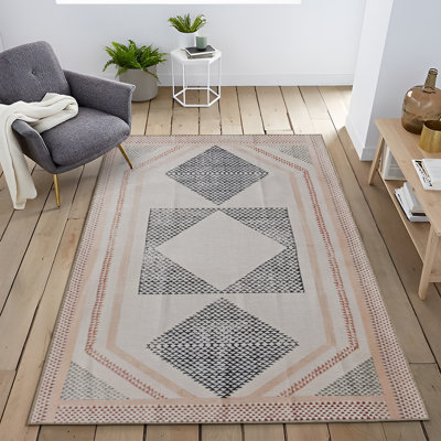 Beige-Black Themed Multi-Colored Geometric Shape Patterned Modern Decorative Rug