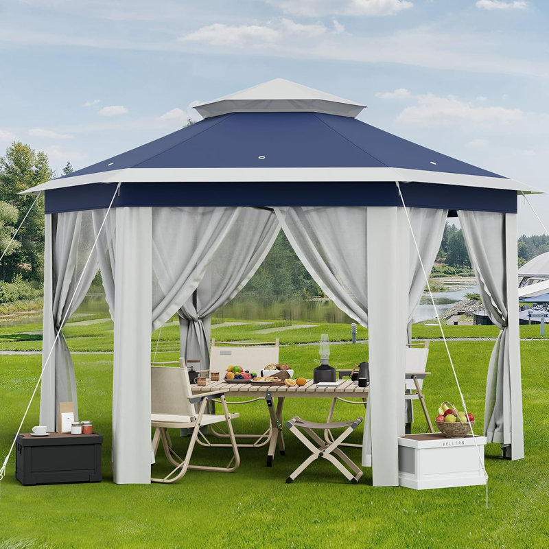 13x13 Pop Up Gazebo Outdoor Hexagonal Canopy Tent with Mosquito Netting Sides Instant Patio Canopy Shelter, Rain & UV Resistant PA Coated Fabric, for Patios, Garden, Parties