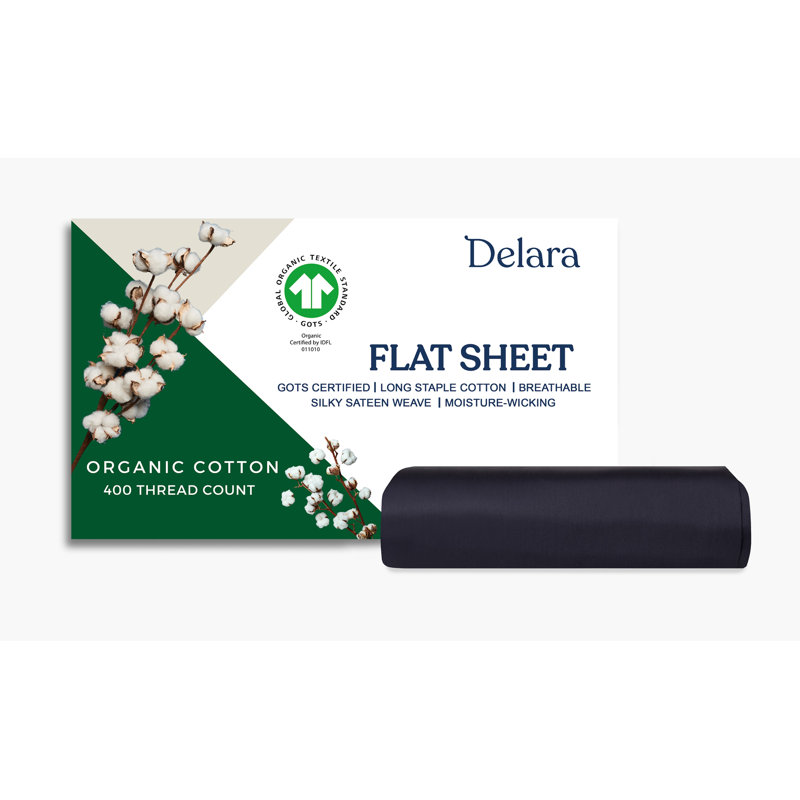Drap-housse en satin de coton 100% biologique Delara GOTS, Drap plat de taille double, Gris foncé