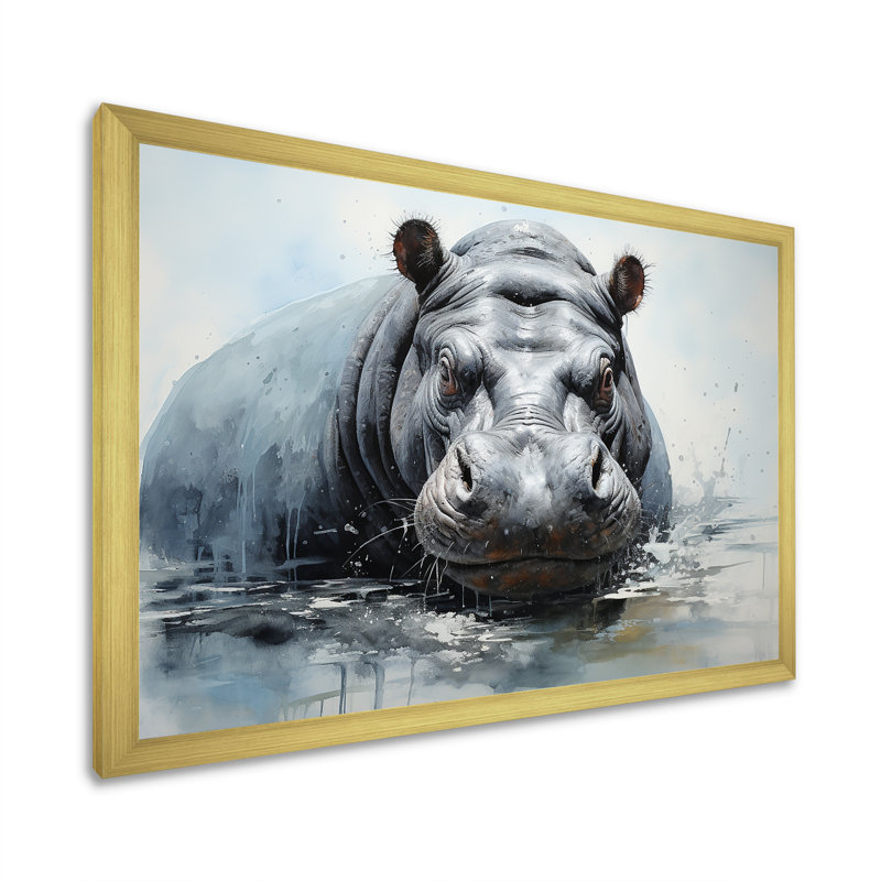 Minimalisme gris hippopotame sur toile, Cadre doré simple, H 34 po x l 44 po x P 1,5 po