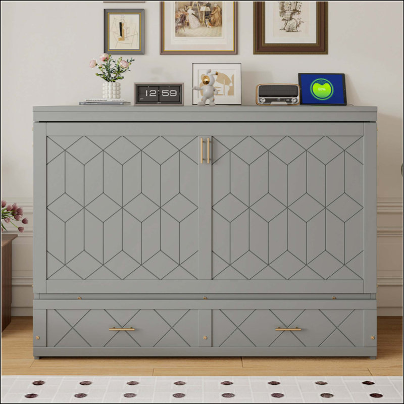 Lit escamotable mural Murphy avec tiroir et ensemble de prises et ports USB, Gray