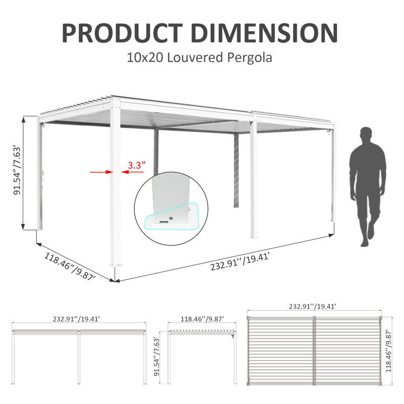 20 pi L 10 pi. Pergola en aluminium avec auvent, Blanc