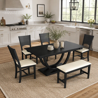 6-Piece Solid Wood Half Round Dining Table Set with Padded Chairs and Bench, Modern and Traditional Design