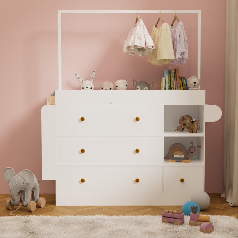 Commode de table moderne, table à langer avec 3 tiroirs très profonds, tablettes de rangement et cintres, table à langer multifonctionnelle avec séchoir pour chambre de bébé