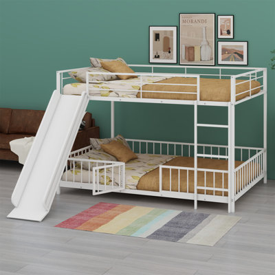 Metal Bunk Bed With Slide And Guardrails