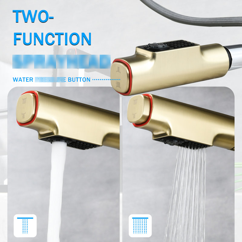 Single Hole, Deck - Mounted Faucet, Brushed Gold Finish, Retractable Hose, One Touch Rinse, 500000 Cycle Tested Ceramic Core Dual Spray, Splash Reducing Feature
