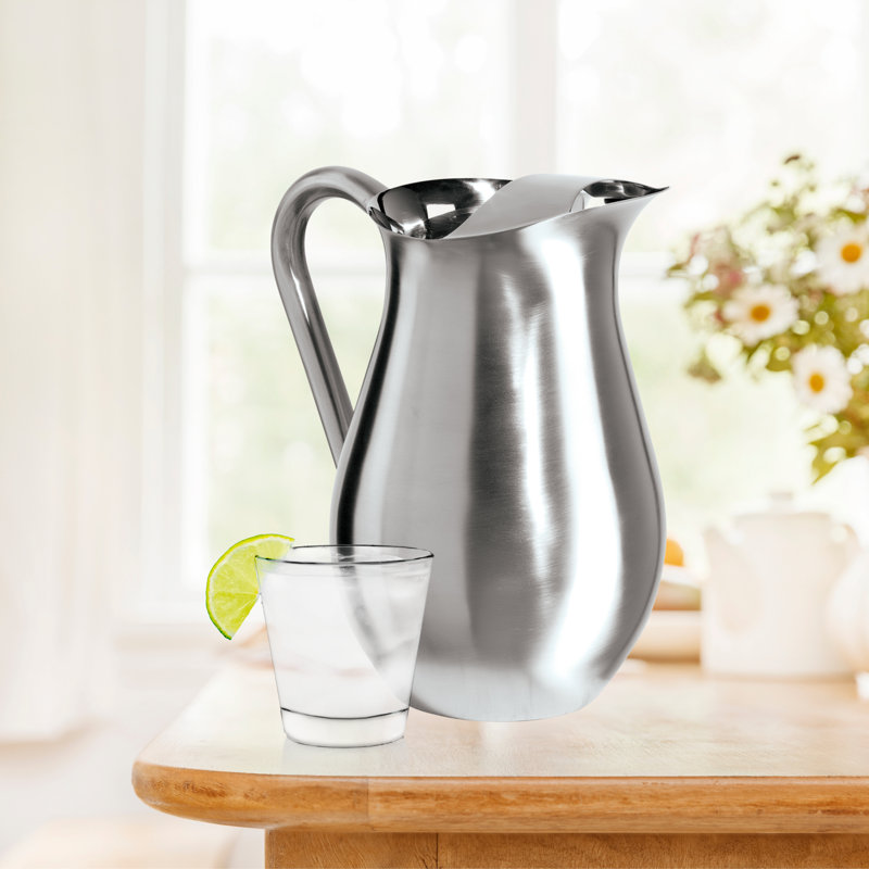 68 oz Silver Stainless Steel Beverage Pitcher with Ice Guard