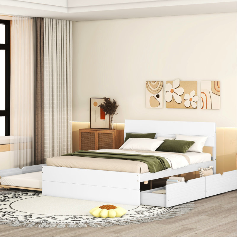 Lit double en blanc avec lit gigogne simple et 2 tiroirs de rangement pratiques très lustrés pour une gestion efficace de l'espace
