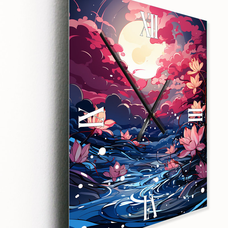 Horloge murale lys abstrait rose sous une lune brillante, Petit