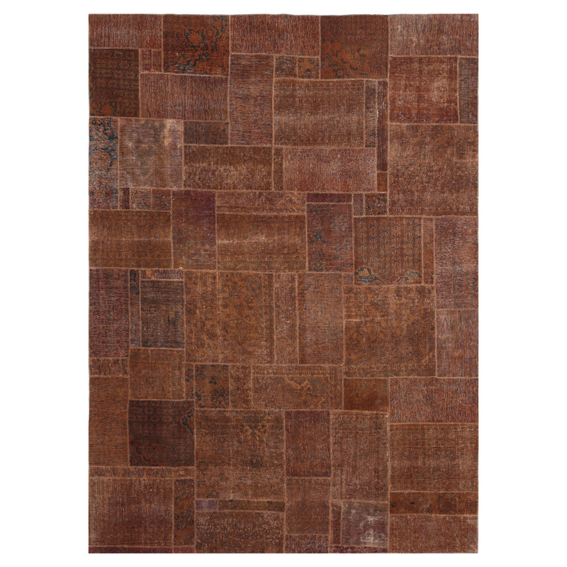 Tapis brun en laine noué à la main One-of-a-Kind Patchwork