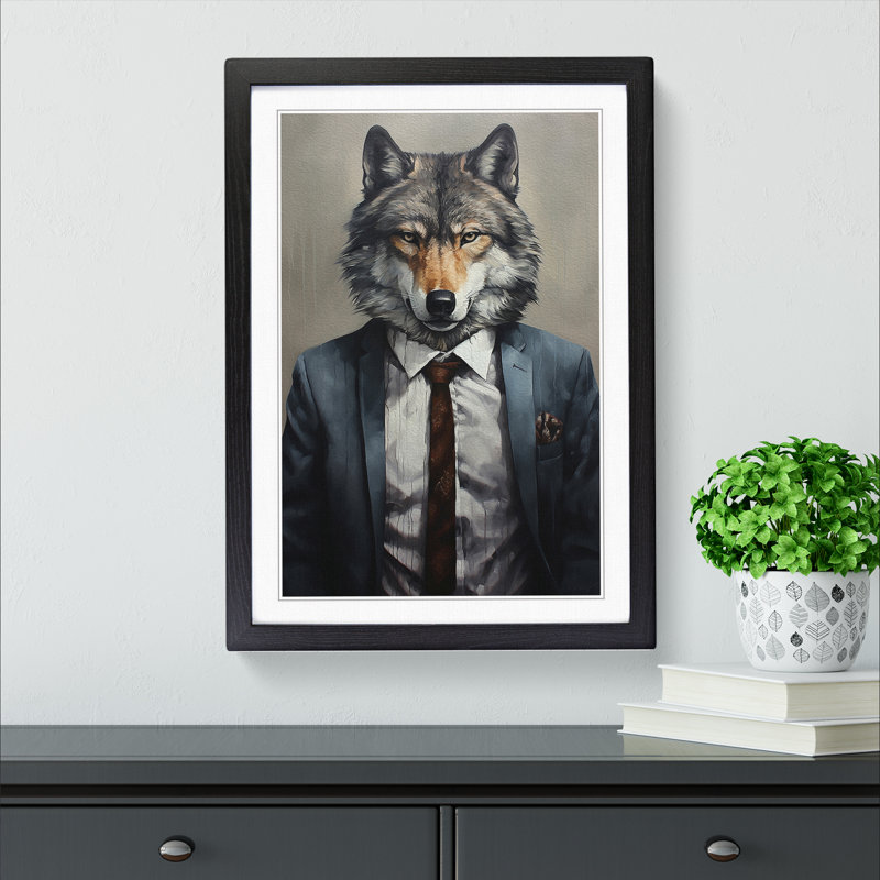 XYZ-FRM-V1223-1694 Wolf In A Suit Painting - Single Picture Frame Print on Wood, 64cm H x 46cm W x 2cm D, Black 