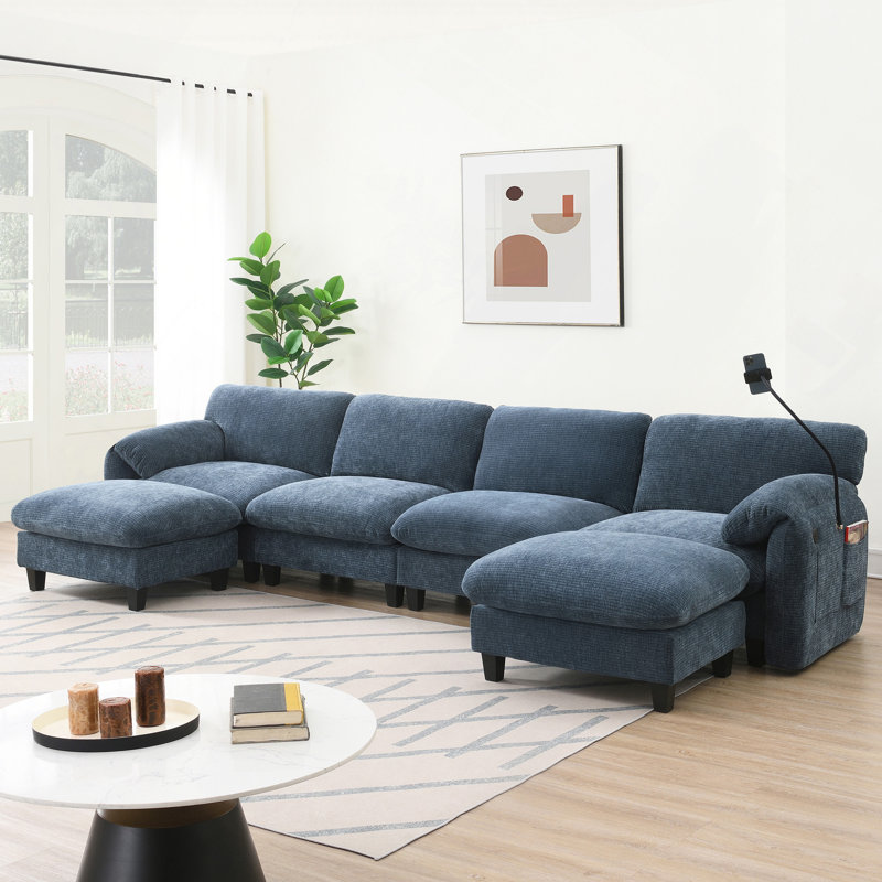 Canapé modulaire de 140 po en forme de U avec coussin de siège extra large de 31,5 po, chargeur USB et de type C, support pour téléphone et 2 poches de rangement latérales, repose-pieds à mouvement libre, chenille rayée