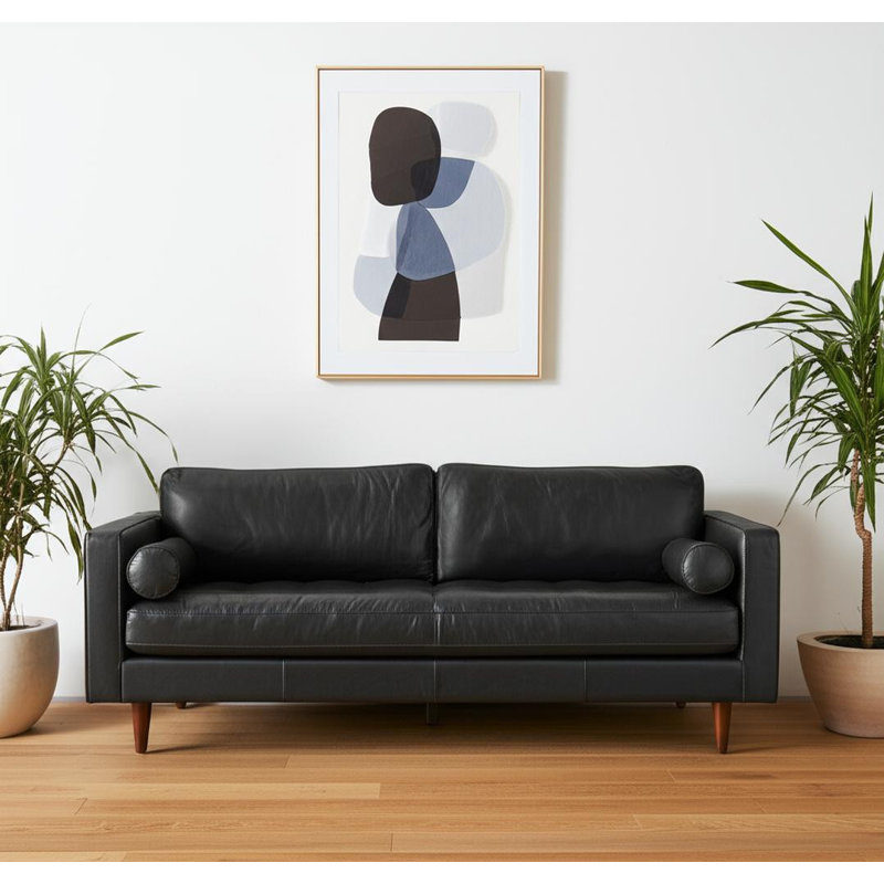 Canapé 88 po en cuir noir et coussins décoratifs avec pieds bruns