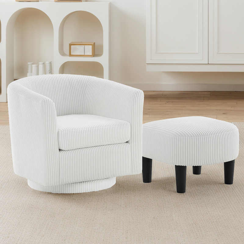 Swivel Accent Chair 360° Comfy Recliner Corduroy Arm Chair Single Sofa With Ottoman, White Corduroy