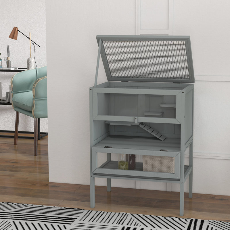3 cages à hamster en bois - gris pour petits animaux de compagnie avec dessus ouvert, porte d'entrée et tablette de rangement. Multi-détente. Fabrication. Facile à nettoyer. Animal de compagnie l, 23,5 po x l 31,5 po, gris et fonctionnel