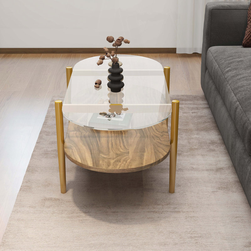 Table basse ovale en verre avec rangement double couche - Transparent et brun