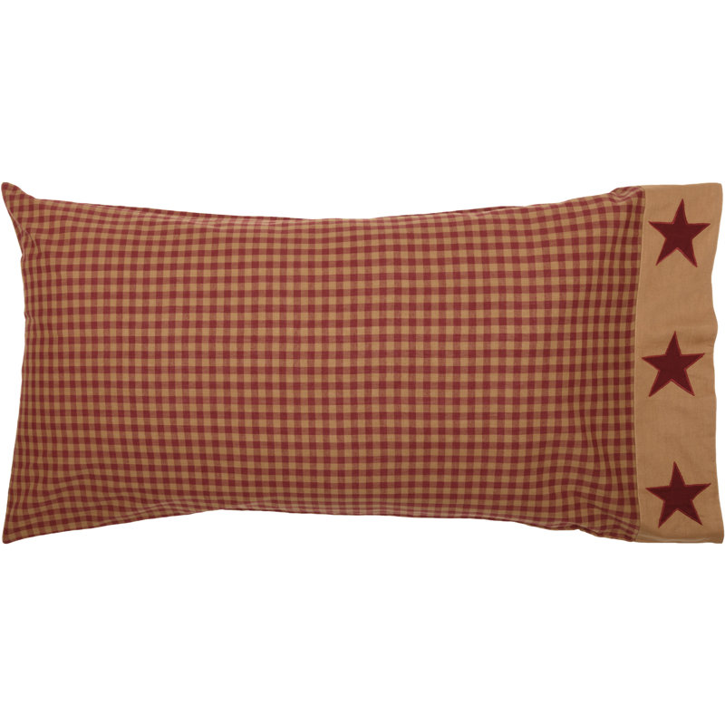 King Size Red and Tan Plaid Embroidered Cotton Pillowcase