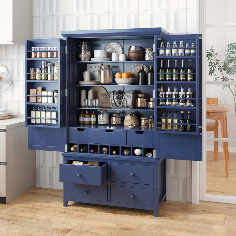 Grand garde-manger avec 8 tablettes de porte, 7 tiroirs et support à vin, Bleu