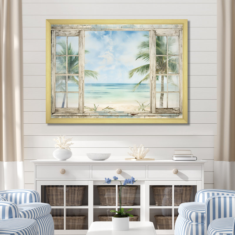 Décoration tropicale fenêtre tropicale horizon II - fenêtres côtières, Cadre doré à coins fermés, H 16 po x l 32 po x P 1 po
