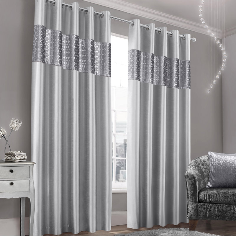 Kionte Luxury Metallic Geometric Foil Pattern Curtain Pair, 183cm Width x 229cm Drop, Silver
