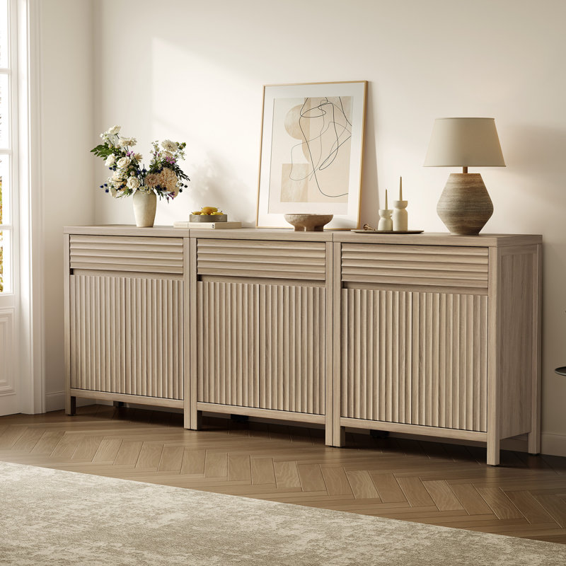 Armoire buffet moderne à cannelures élégantes 29,1 po avec 1 tiroir et 2 tablettes réglables, Beige grès